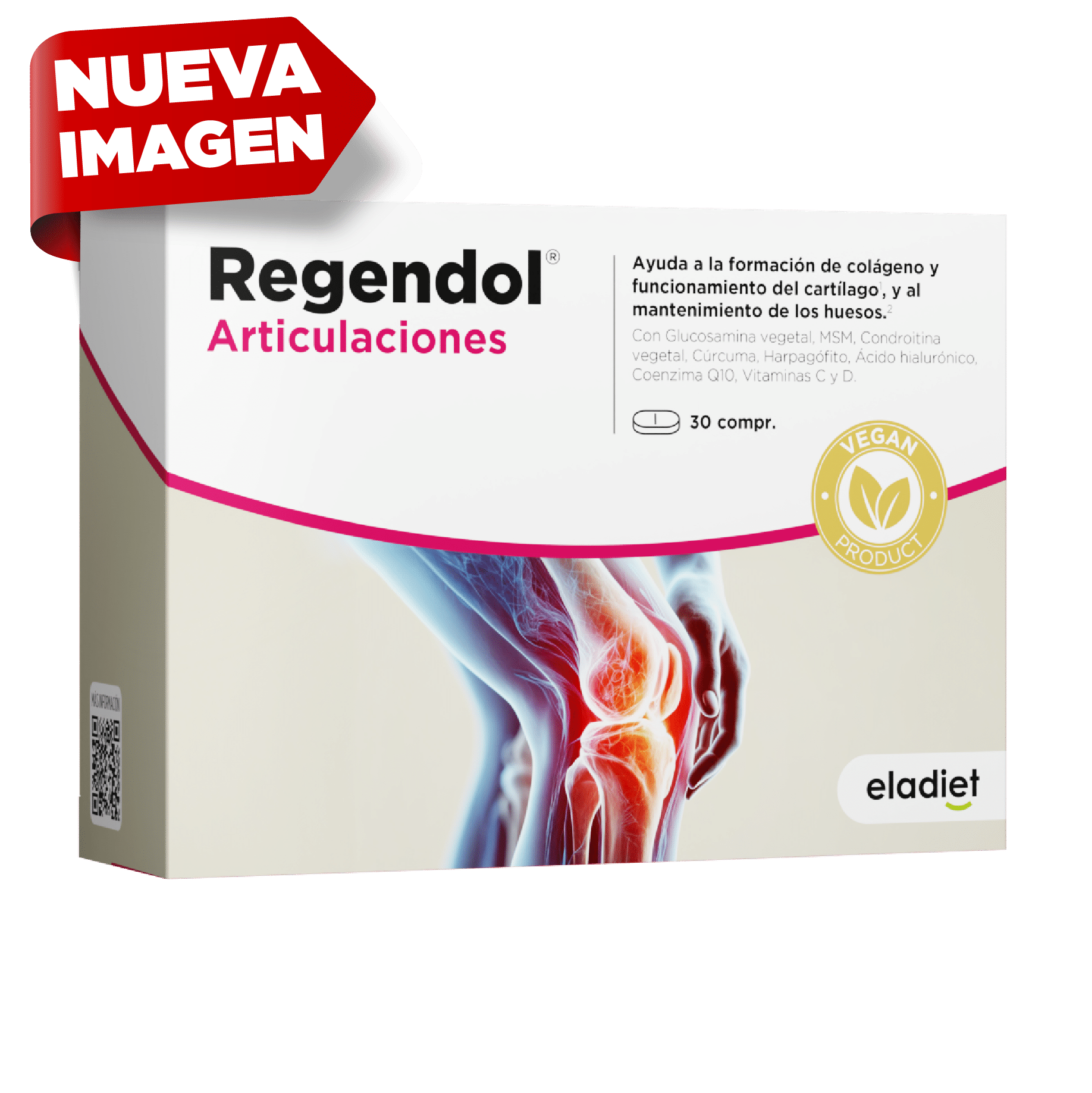 REGEN & DOL VEGAN – 30 COMPRIMIDOS – ELADIET Embalagem de suplemento Regendol Articulaciones com imagem de articulação e texto em espanhol