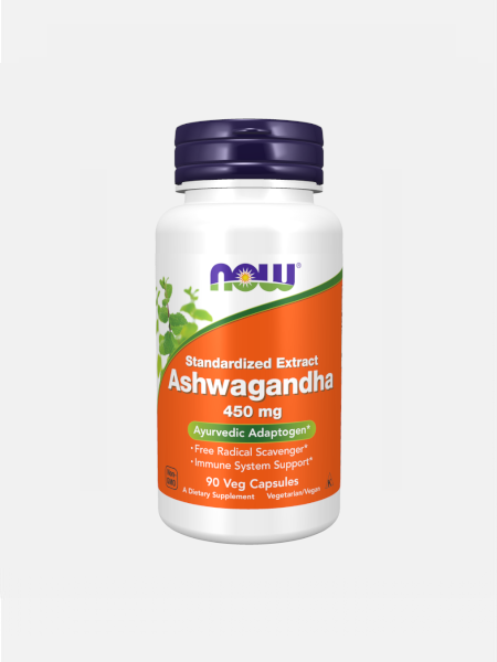 ASHWAGANDHA 450 MG – 90 CÁPSULAS – NOW Frasco de suplemento Ashwagandha NOW com rótulo laranja e verde
