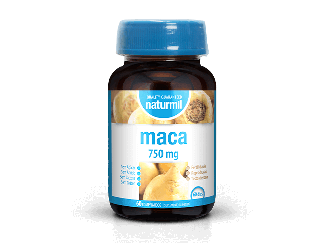 MACA 750 MG – 60 COMPRIMIDOS – NATURMIL Frasco de suplemento maca Naturmil 750 mg com rótulo azul e branco