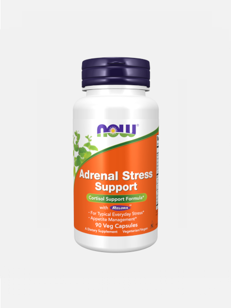 ADRENAL STRESS SUPP (SUPER CORTISOL SUP RELORA) – 90 CÁPSULAS – NOW Frasco suplemento NOW Adrenal Stress Support com rótulo branco e laranja, tampa roxa