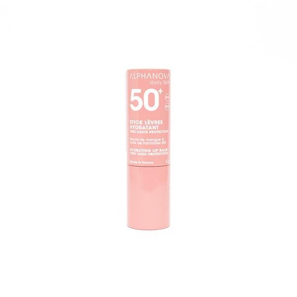 STICK PROTETOR SOLAR LÁBIOS FPS 50+ - PROTEÇÃO MUITO ELEVADA - ALPHANOVA Stick labial hidratante Alphanova FPS 50+ cor rosa com texto branco