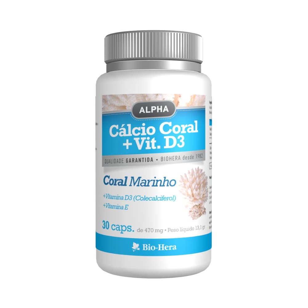 CÁLCIO CORAL 450MG + VIT D3 - 30 CÁPSULAS - BIO-HERA Frasco de suplemento ALPHA Cálcio Coral + Vit. D3