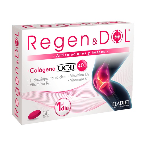 EGEN & DOL UC II 30 COMPRIMIDOS-COLAGÉNIO- ELADIET Embalagem de suplemento Regen&Dol para articulações e ossos com colágeno e vitaminas.