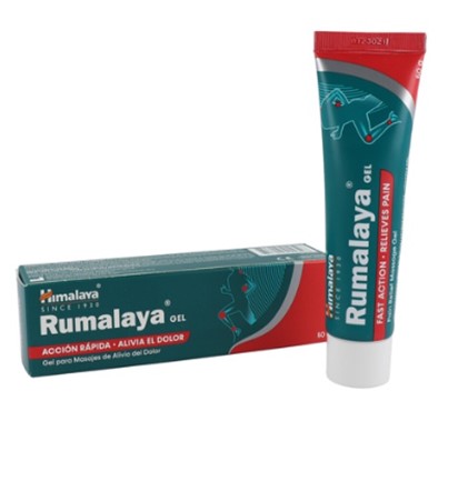 RUMALAYA GEL - 50G – HIMALAYA HERBALS Tubo de gel Rumalaya e caixa da marca Himalaya com design verde, vermelho e branco