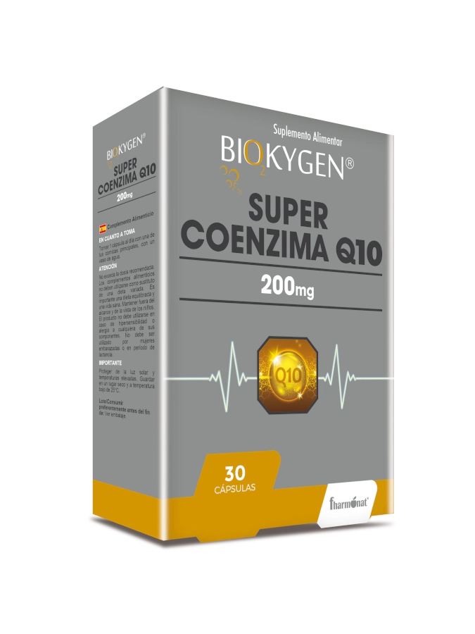 BIOKYGEN SUPER COENZIMA Q10 200MG – 30 CÁPSULAS – FHARMONAT Embalagem do suplemento BIOKYGEN Super Coenzima Q10 200mg 30 cápsulas cinza e amarelo