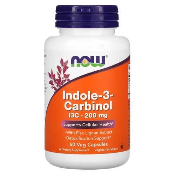 INDOLE-3-CARBINOL (I3C-200MG) - NOW Frasco branco com tampa azul de suplemento Indole-3-Carbinol com rótulo laranja da marca NOW