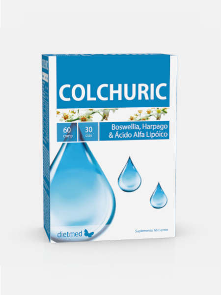 COLCHURIC 60 COMPRIMIDOS- DIETMED Embalagem do suplemento COLCHURIC com gotas azuis e texto em azul e branco
