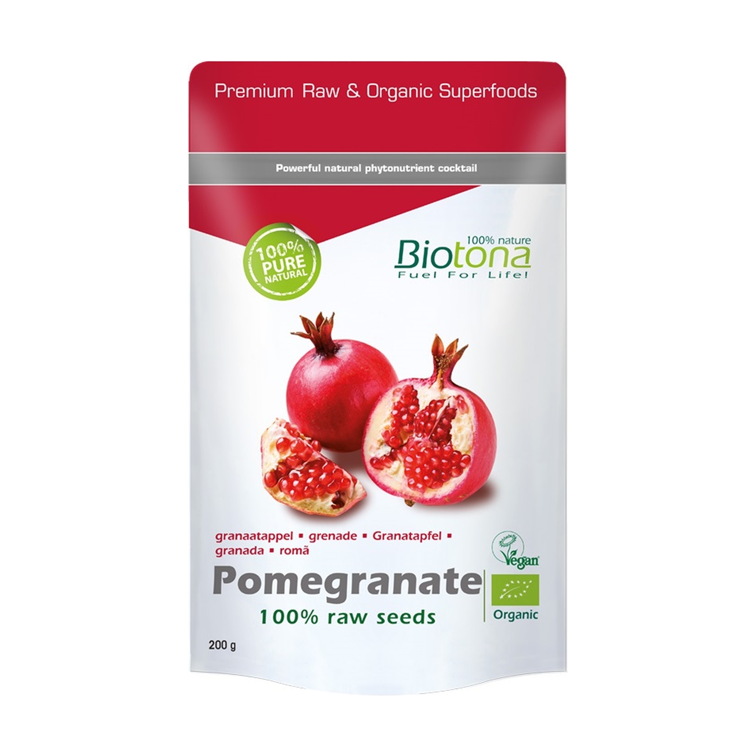 POMEGRANATE RAW SEMENTES DE ROMÃ LIOFILIZADAS 200GR. BIO - BIOTONA Embalagem branca Biotona Pomegranate com imagem de romãs e texto do produto