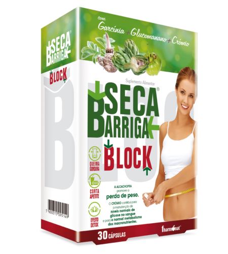 SECABARRIGA BLOCK – 30 CÁPSULAS – FHARMONAT Embalagem de suplemento alimentar SECA BARRIGA BLOCK com imagens de plantas e mulher a medir a cintura