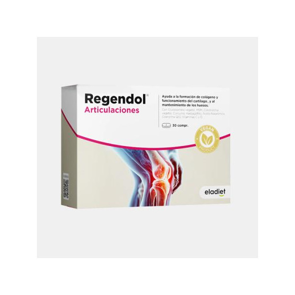 REGENDOL ARTICULAÇÕES VEGAN – 30 COMPRIMIDOS – ELADIET Embalagem do suplemento Regendol Articulaciones com imagem de joelho