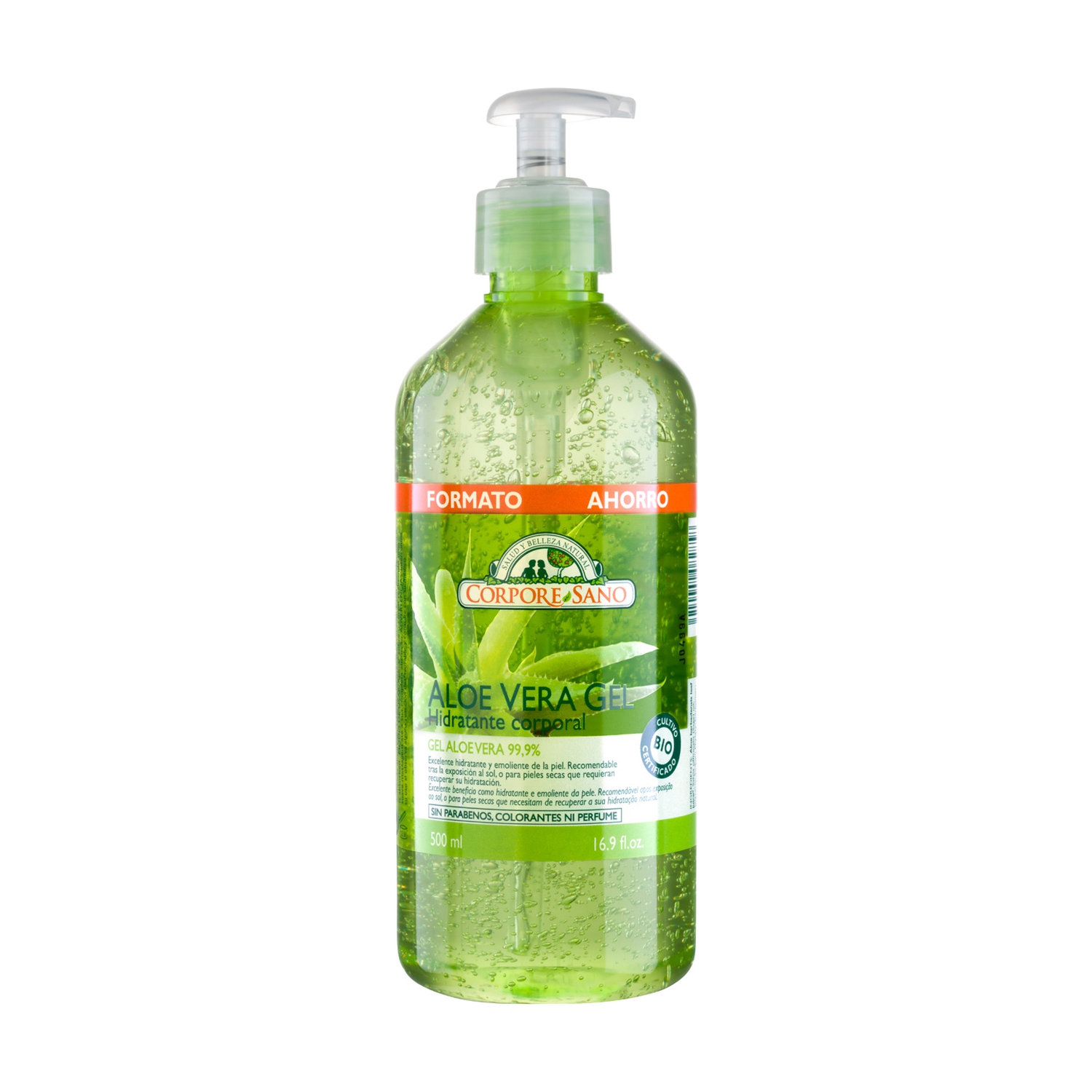 GEL ALOÉ VERA – 99% – CORPORE SANO – 500ML Frasco verde de gel Aloe Vera com tampa de bomba e rótulo colorido
