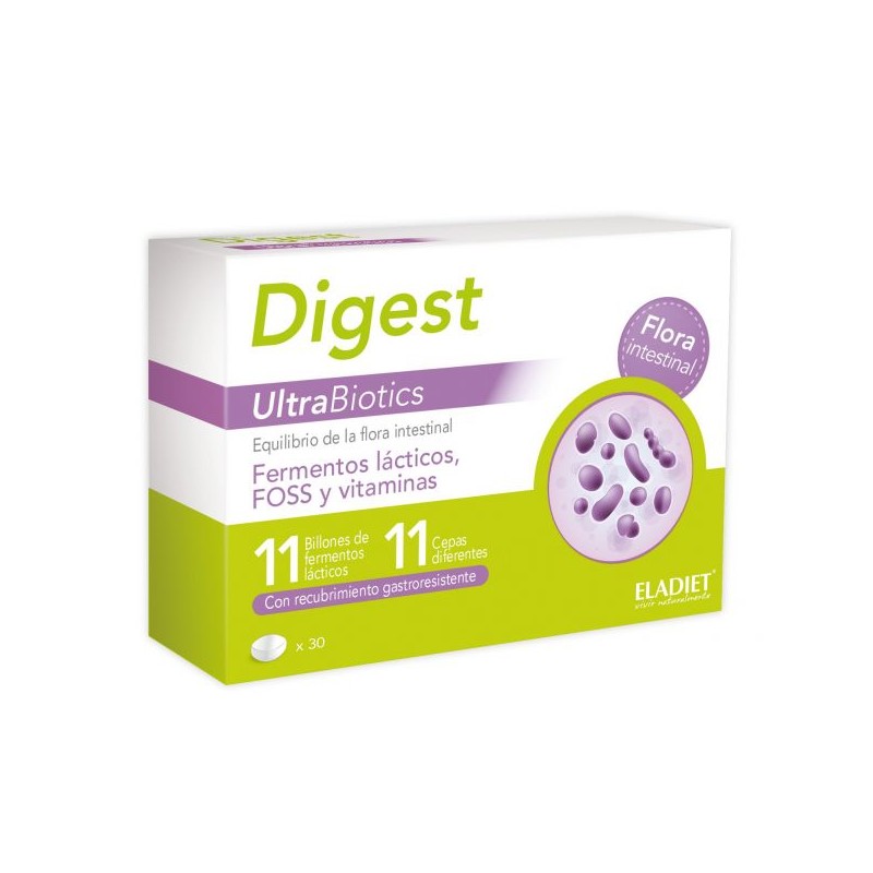 DIGEST ULTRAPROBIOTICS 600MG - 30 COMPRIMIDOS - ELADIET Suplemento Digest UltraBiotics com 30 cápsulas em caixa verde, branca e roxa