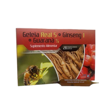 GELEIA REAL GINSENG GUARANÁ COMPLEX – 20 AMPOLAS – SOLDIET emabalagem de suplemento alimentar com imagens de abelha, ginseng e frutos vermelhos