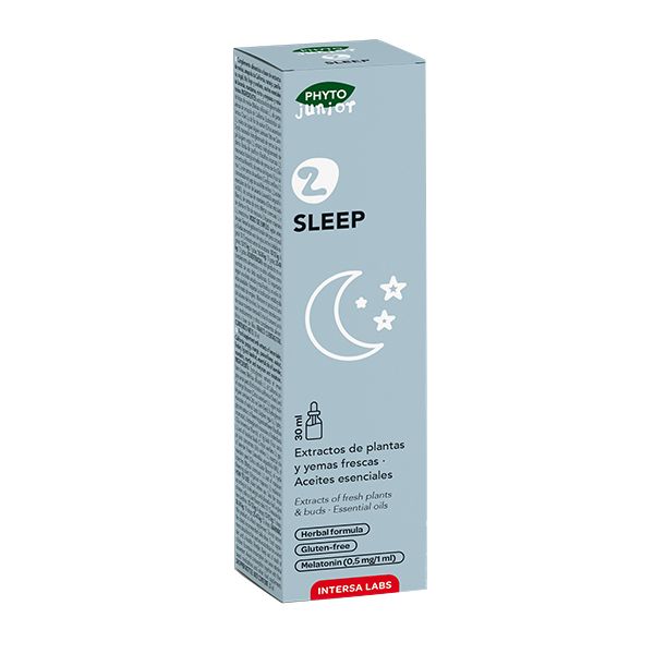 PHYTO JUNIOR SLEEP 30 ML - INTERSA Embalagem azul claro de produto PHYTOLAB SLEEP com lua e estrelas brancas