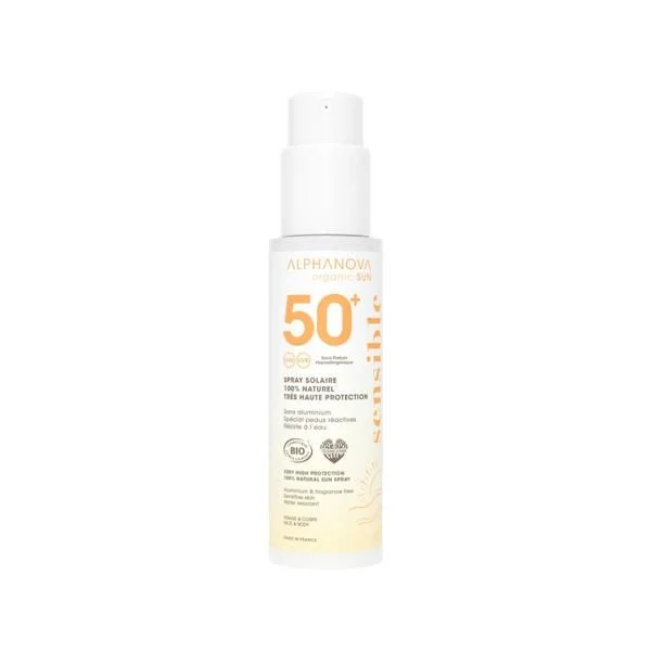 PROTETOR SOLAR BIO SENSÍVEL SPRAY FPS 50+ - PROTEÇÃO MUITO ELEVADA - ALPHANOVA Frasco branco de spray solar ALPHANOVA SPF 50+ com texto em laranja e preto