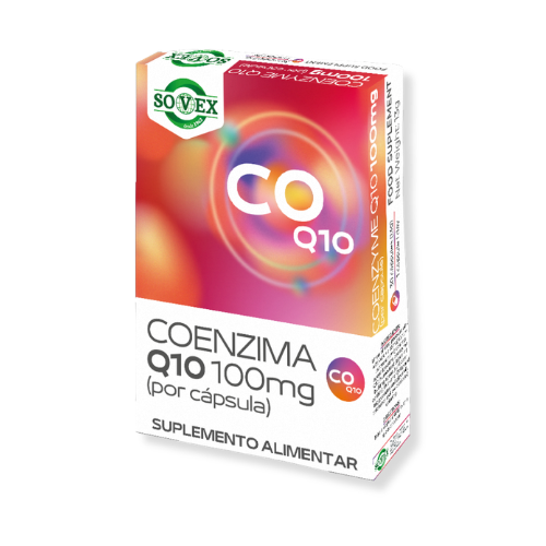 COENZIMA Q10 - 100 mg - 30 CÁPSULAS - SOVEX Caixa de suplemento alimentar Coenzima Q10 100mg da Sovex em fundo branco