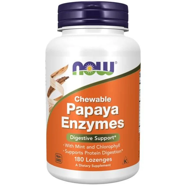 PAPAYA ENZYMES – 180 COMPRIMIDOS – NOW Frasco de suplementos mastigáveis Papaya Enzymes da NOW com embalagem laranja e tampa roxa.