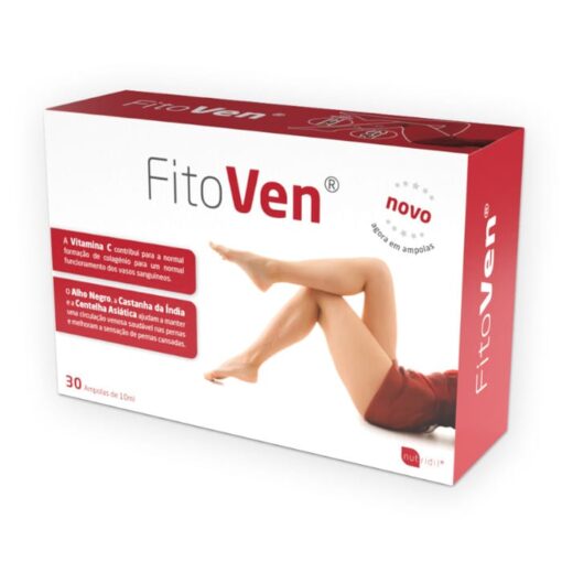 FITOVEN – 30 AMPOLAS – NUTRIDIL Embalagem do produto FitoVen vermelho e branco com imagem de pernas femininas e texto em português.