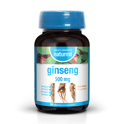 Frasco de suplemento alimentar Naturmil Ginseng 500 mg com tampa azul e rótulo com imagem da raiz de ginseng