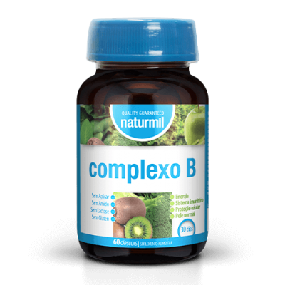 Frasco de suplemento alimentar Complexo B da Naturmil com tampa azul