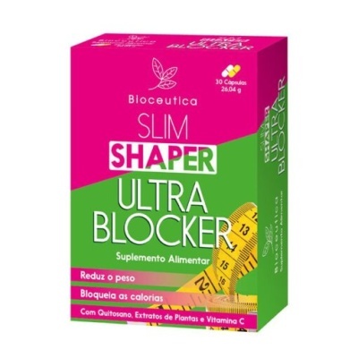 Caixa rosa e verde de suplemento alimentar Bioceutica Slim Shaper Ultra Blocker com fita métrica amarela