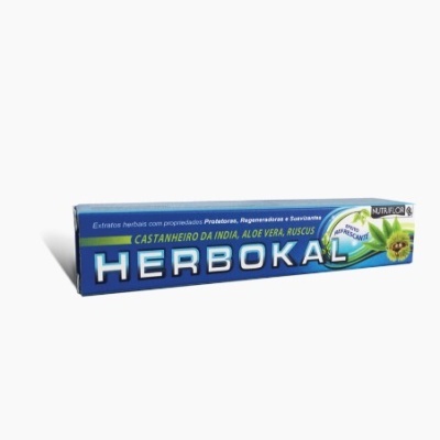 Embalagem de pomada herbal HERBOKAL azul, verde e branca com indicação de ingredientes naturais.