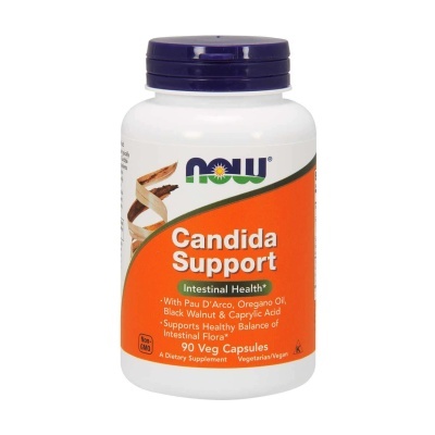 Frasco branco de suplemento Candida Support da NOW com tampa azul e rótulo laranja