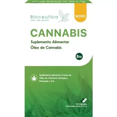 Embalagem de suplemento alimentar cannabis em branco e verde com texto informativo