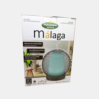 Caixa de difusor de óleos essenciais Málaga de cor cinza com tampa preta texturizada