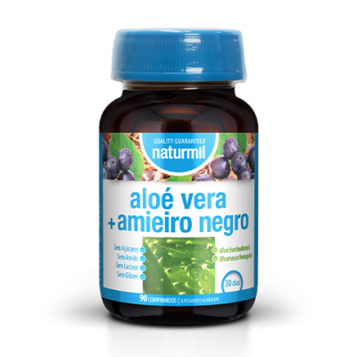 frasco de comprimidos aloé vera e amieiro negro Naturmil com tampa azul