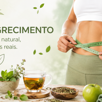 Mulher a medir a cintura com fita métrica verde ao lado de chá e ervas sobre mesa de madeira com texto de emagrecimento.