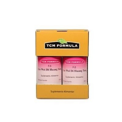Embalagem amarela TCM FORMULA com dois frascos rosa de suplemento alimentar Liu Wei Di Huang Tang