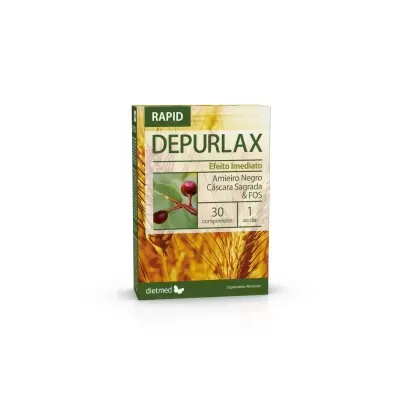 Embalagem do suplemento Rapid Depurlax em verde e amarelo com texto e imagem de plantas