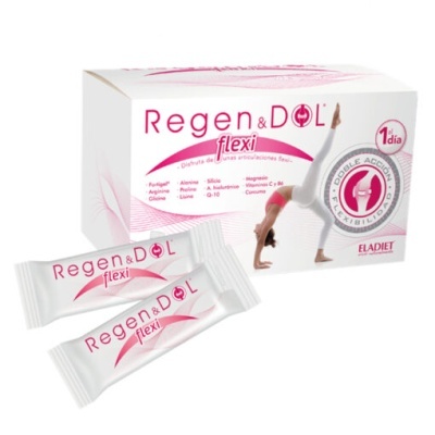 Caixa e saquetas do suplemento Regen & Dol flexi em branco e rosa com mulher a fazer ioga