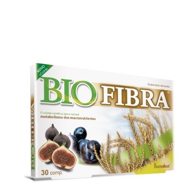 Embalagem de suplemento alimentar BIO FIBRA com 30 comprimidos e imagens de figos, ameixas e trigo.