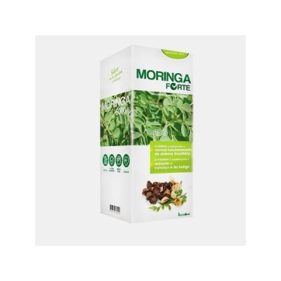 Embalagem de suplemento MORINGA FORTE com folhas e frutos na imagem