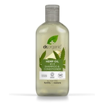 Frasco transparente com shampoo e condicionador 2 em 1 dr.organic Hemp Oil
