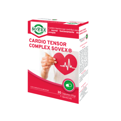 Embalagem vermelha e branca do suplemento Cardio Tensor Complex Sovex com imagem de coração vermelho e eletrocardiograma