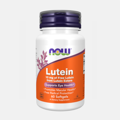 Frasco de suplemento NOW Lutein para saúde ocular com rótulo laranja e tampa roxa