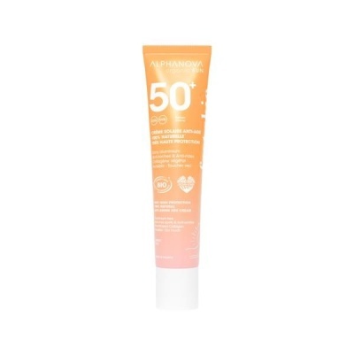 Tubo laranja de creme solar ALPHANOVA SPF 50+ com selo BIO