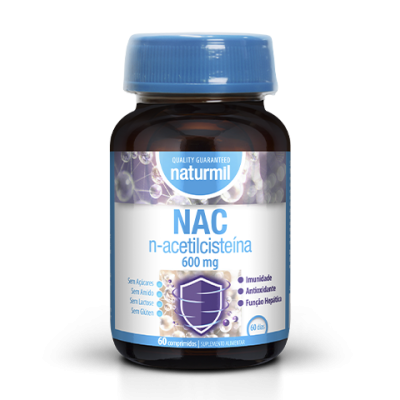frasco de suplemento alimentarar NAC n-acetilcisteína 600 mg Naturmil com tampa azul