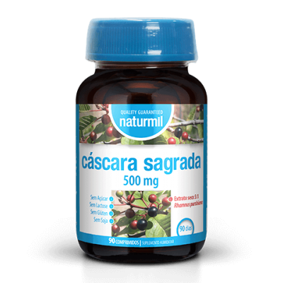 frasco de suplemento Naturmil casca sagrada 500 mg com rótulo azul e branco