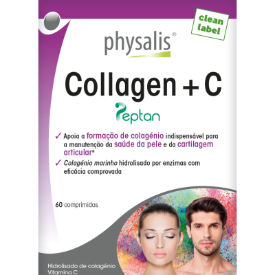 Embalagem do suplemento Collagen + C da Physalis com informações e imagem de um homem e uma mulher