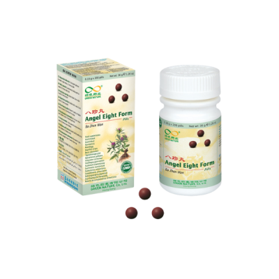 Comprimidos Angel Eight Form Ba Zhen Wan com embalagem, frasco e comprimidos castanhos