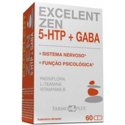 Embalagem de suplemento alimentar EXCELENT ZEN 5-HTP + GABA, texto cinza e laranja, 60 cápsulas