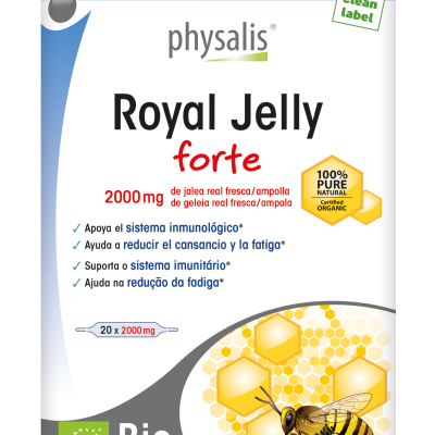 Embalagem do suplemento Royal Jelly forte com 2000 mg, selo orgânico, ilustração de abelha e favos de mel