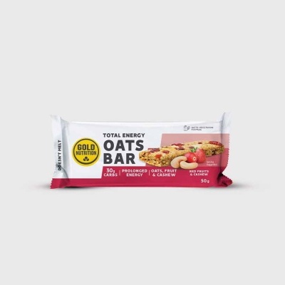 Barra de cereais Total Energy Oats Bar da Gold Nutrition na embalagem branca e rosa