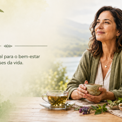 Mulher sentada à mesa com produtos naturais e chá em ambiente ao ar livre