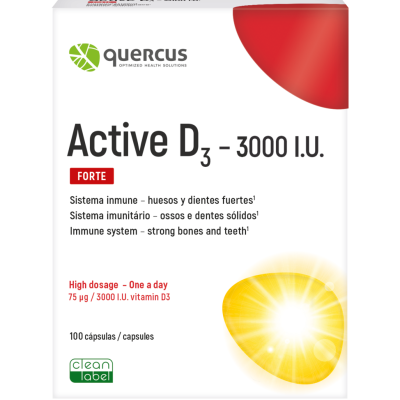 Embalagem de suplemento Active D3 3000 I.U. da Quercus com design branco, vermelho e amarelo
