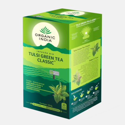 Caixa de chá verde bio Tulsi Green Tea Classic da Organic India em tons de verde e amarelo
